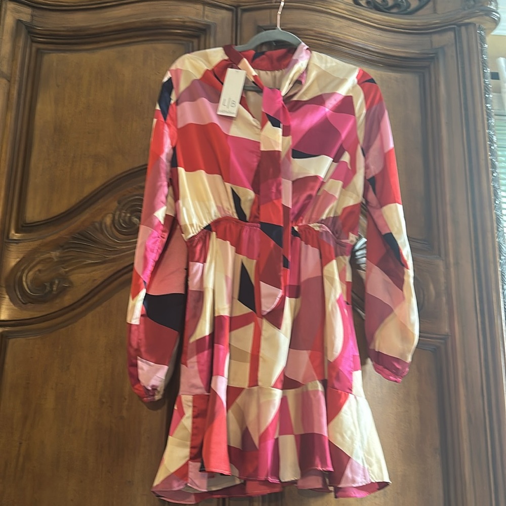 NEW Fate Puzzle Me Satin Long Sleeve Mini Geometric Pink and Red Dress Large - Picture 6 of 7